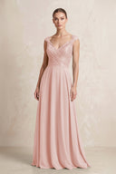 A-Line Chiffon V-Neck Pleated Bridesmaid Dress with Cap Sleeves in Rose Petal | KISSBRIDAL