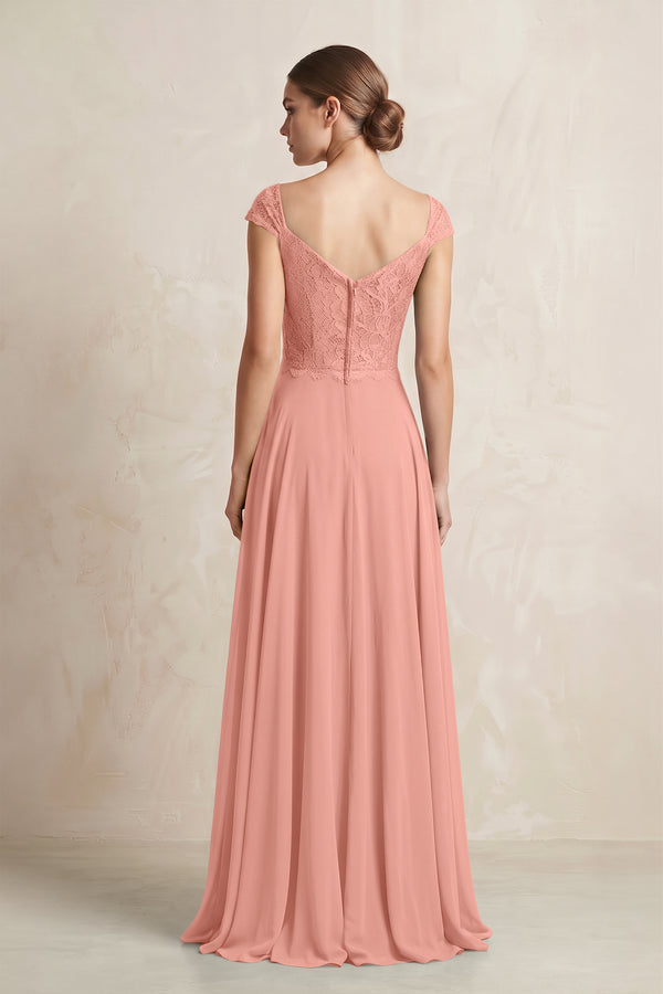 A-Line Chiffon V-Neck Pleated Bridesmaid Dress with Cap Sleeves in Rosette (2) | KISSBRIDAL