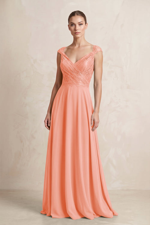 A - Line Chiffon V - Neck Pleated Bridesmaid Dress with Cap Sleeves in Rosette - KISS BRIDAL Bridesmaid Dresses