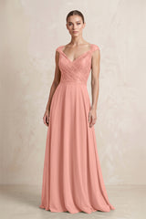 A-Line Chiffon V-Neck Pleated Bridesmaid Dress with Cap Sleeves in Rosette | KISSBRIDAL