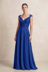 A - Line Chiffon V - Neck Pleated Bridesmaid Dress with Cap Sleeves in Royal Blue - KISS BRIDAL Bridesmaid Dresses