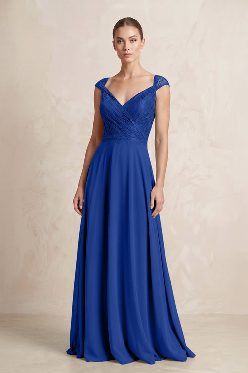 A - Line Chiffon V - Neck Pleated Bridesmaid Dress with Cap Sleeves in Royal Blue - KISS BRIDAL Bridesmaid Dresses