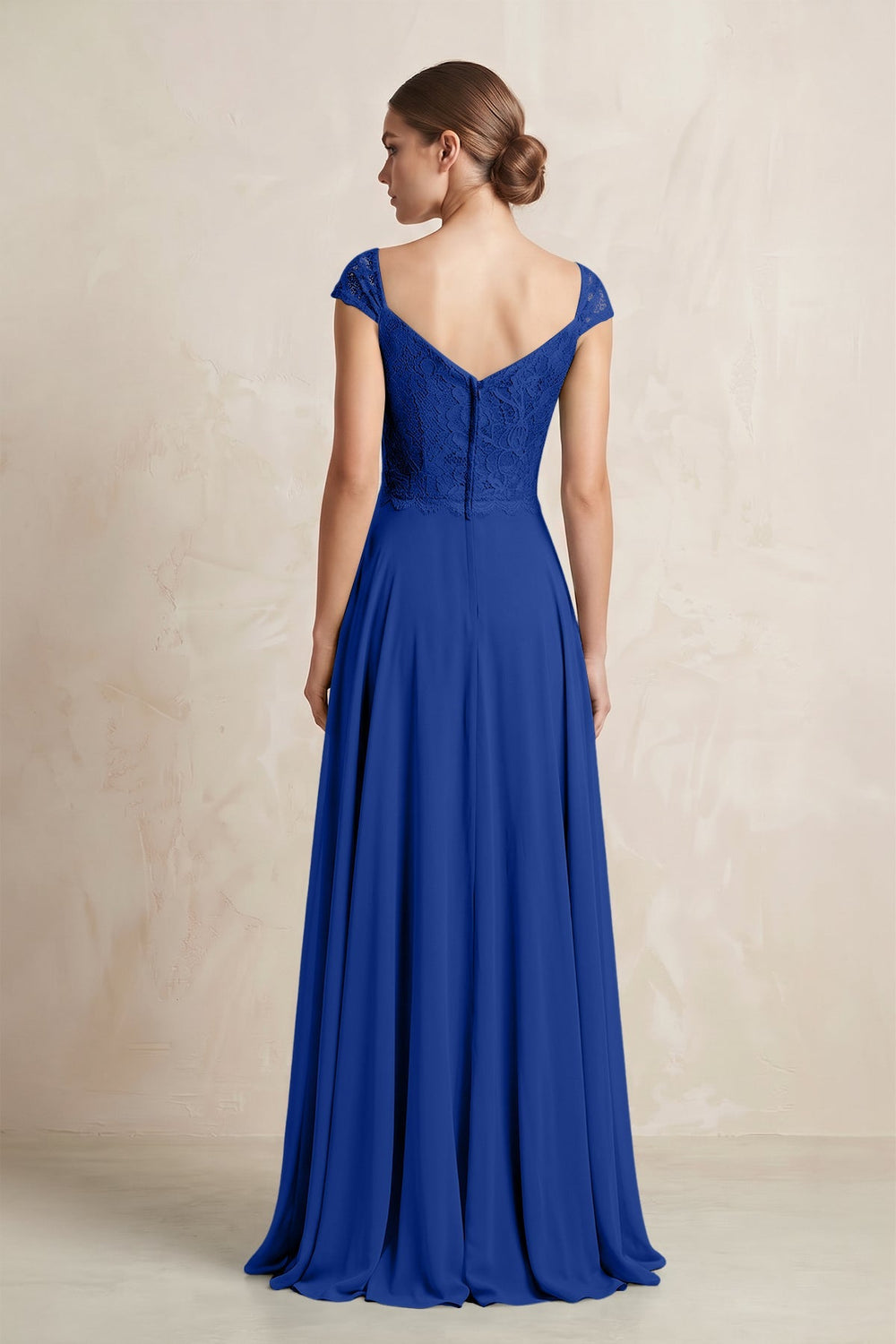 A - Line Chiffon V - Neck Pleated Bridesmaid Dress with Cap Sleeves in Royal Blue - KISS BRIDAL Bridesmaid Dresses
