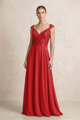 A - Line Chiffon V - Neck Pleated Bridesmaid Dress with Cap Sleeves in Ruby Red - KISS BRIDAL Bridesmaid Dresses