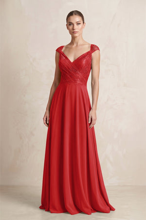 A - Line Chiffon V - Neck Pleated Bridesmaid Dress with Cap Sleeves in Ruby Red - KISS BRIDAL Bridesmaid Dresses