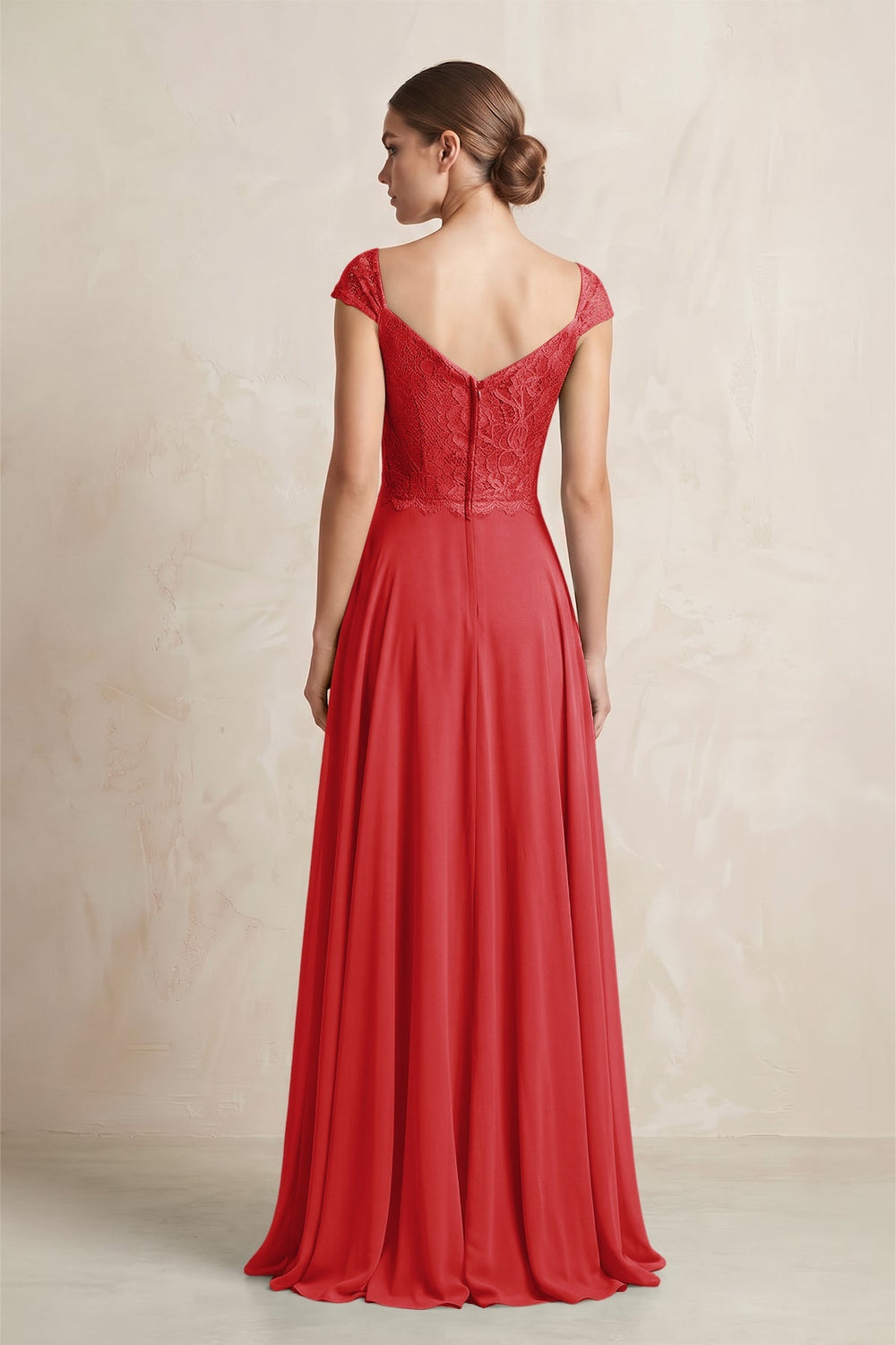 A - Line Chiffon V - Neck Pleated Bridesmaid Dress with Cap Sleeves in Ruby Red - KISS BRIDAL Bridesmaid Dresses