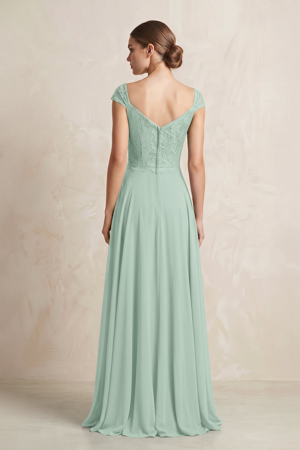 A-Line Chiffon V-Neck Pleated Bridesmaid Dress with Cap Sleeves in Sage