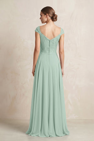 A-Line Chiffon V-Neck Pleated Bridesmaid Dress with Cap Sleeves in Sage (2) | KISSBRIDAL