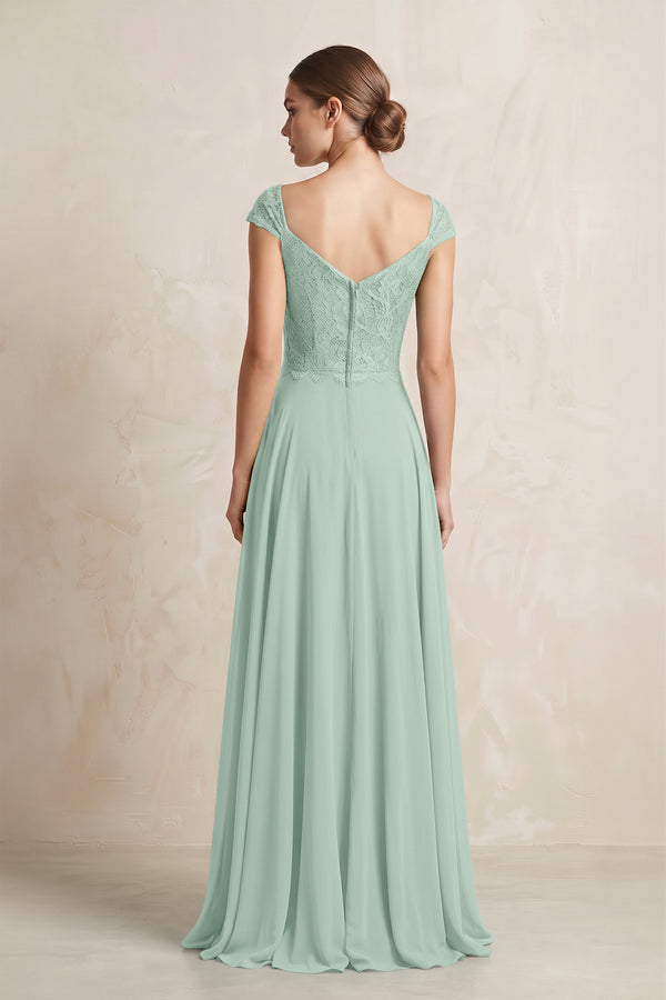 A-Line Chiffon V-Neck Pleated Bridesmaid Dress with Cap Sleeves in Sage (2) | KISSBRIDAL