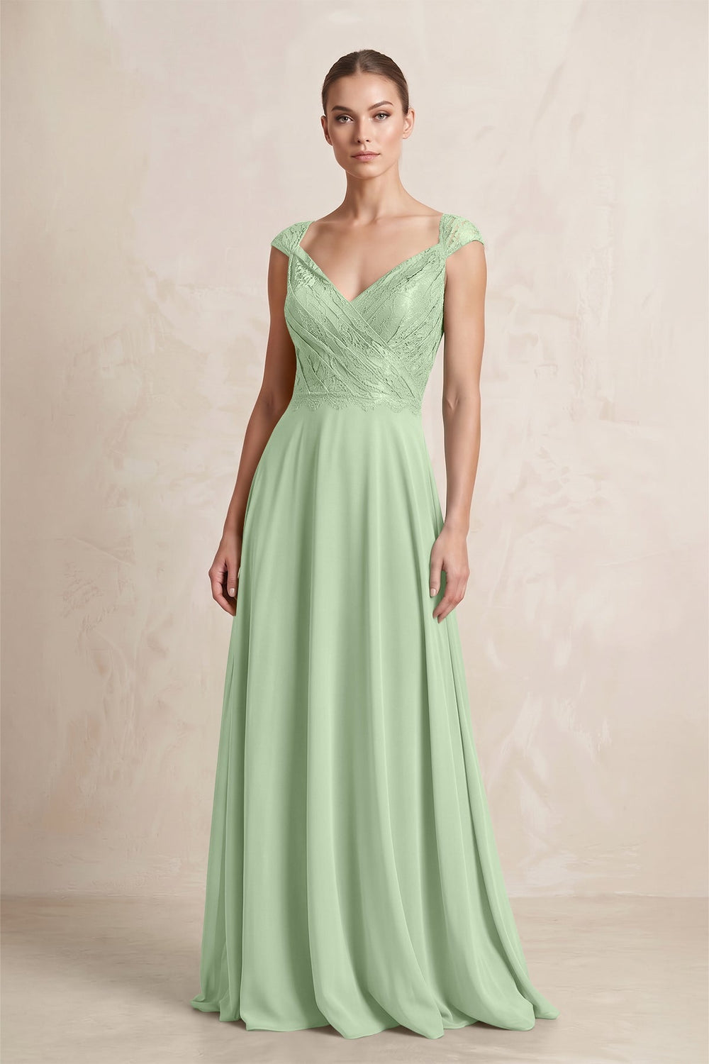 A - Line Chiffon V - Neck Pleated Bridesmaid Dress with Cap Sleeves in Sage - KISS BRIDAL Bridesmaid Dresses