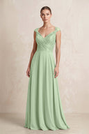 A - Line Chiffon V - Neck Pleated Bridesmaid Dress with Cap Sleeves in Sage - KISS BRIDAL Bridesmaid Dresses