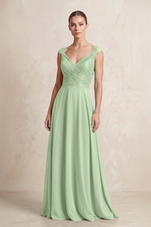 A - Line Chiffon V - Neck Pleated Bridesmaid Dress with Cap Sleeves in Sage - KISS BRIDAL Bridesmaid Dresses