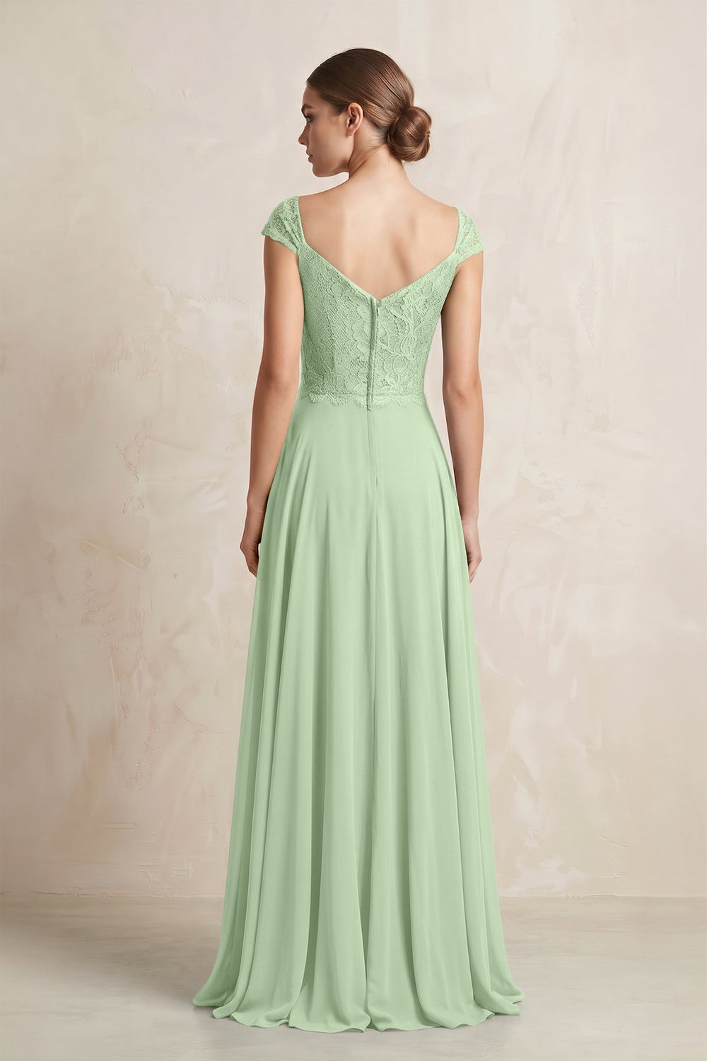A - Line Chiffon V - Neck Pleated Bridesmaid Dress with Cap Sleeves in Sage - KISS BRIDAL Bridesmaid Dresses