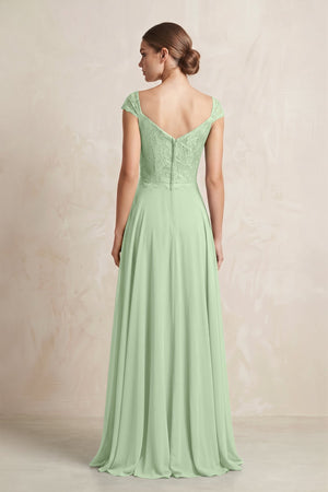 A - Line Chiffon V - Neck Pleated Bridesmaid Dress with Cap Sleeves in Sage - KISS BRIDAL Bridesmaid Dresses