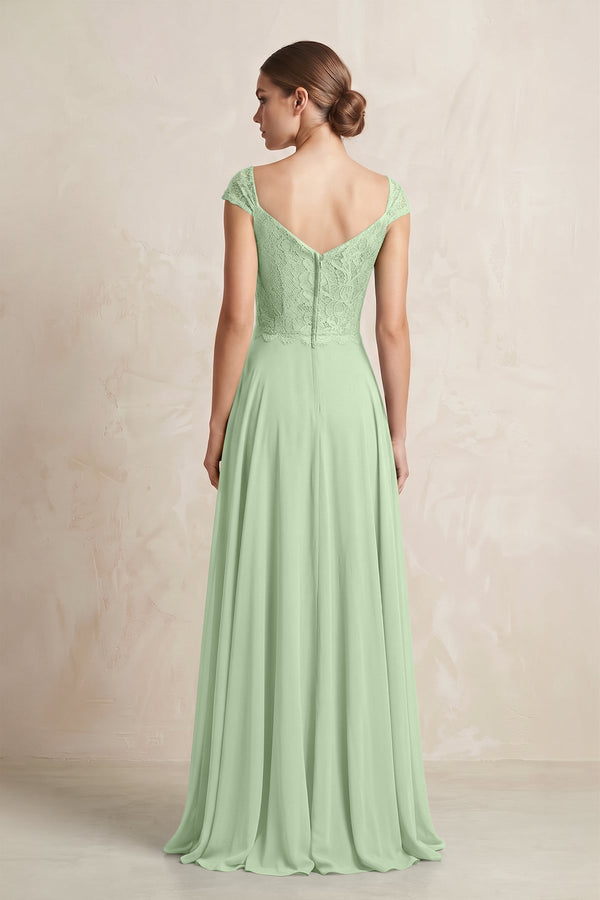 A - Line Chiffon V - Neck Pleated Bridesmaid Dress with Cap Sleeves in Sage - KISS BRIDAL Bridesmaid Dresses
