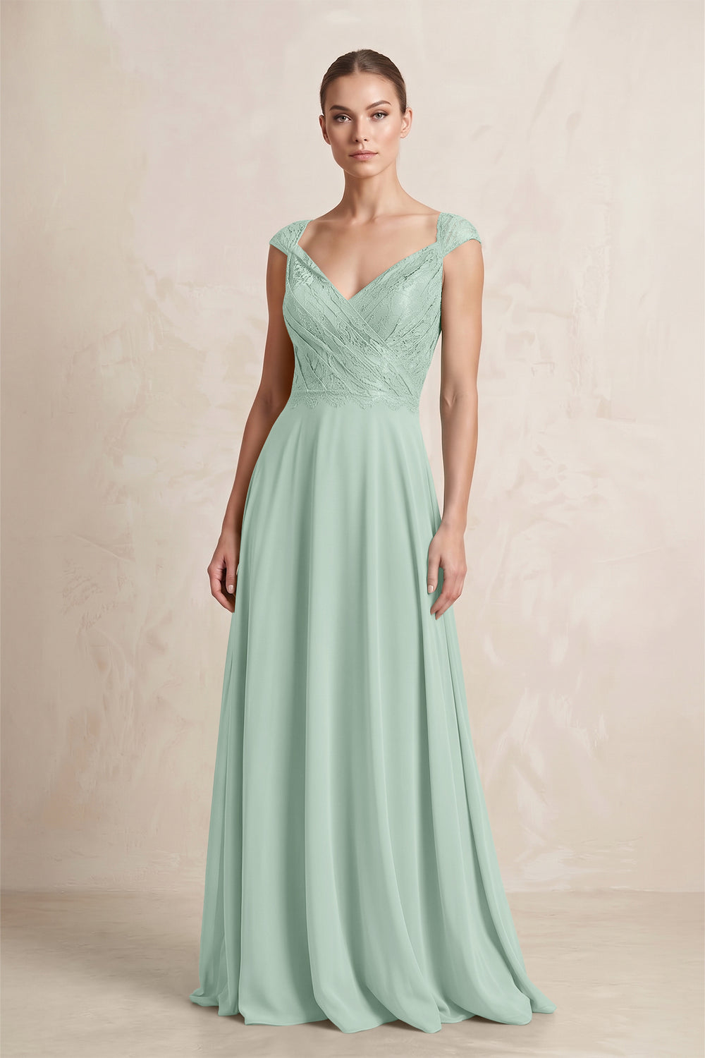 A-Line Chiffon V-Neck Pleated Bridesmaid Dress with Cap Sleeves in Sage
