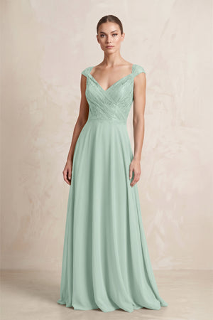 A-Line Chiffon V-Neck Pleated Bridesmaid Dress with Cap Sleeves in Sage | KISSBRIDAL