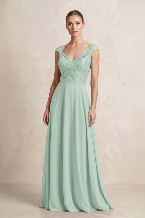 A-Line Chiffon V-Neck Pleated Bridesmaid Dress with Cap Sleeves in Sage | KISSBRIDAL