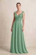 A - Line Chiffon V - Neck Pleated Bridesmaid Dress with Cap Sleeves in Sea Glass - KISS BRIDAL Bridesmaid Dresses