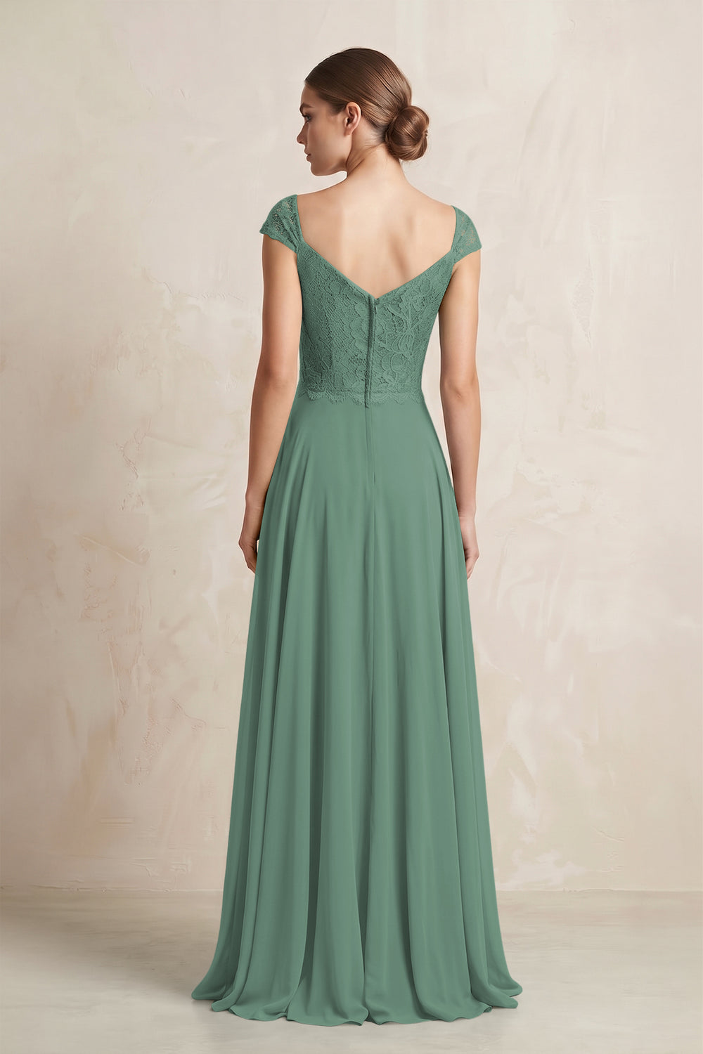 A-Line Chiffon V-Neck Pleated Bridesmaid Dress with Cap Sleeves in Sea Glass