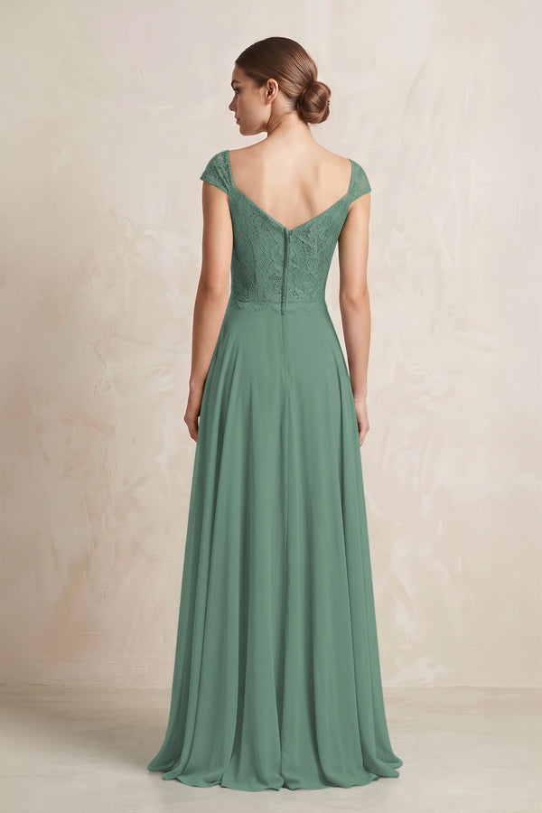 A-Line Chiffon V-Neck Pleated Bridesmaid Dress with Cap Sleeves in Sea Glass (2) | KISSBRIDAL