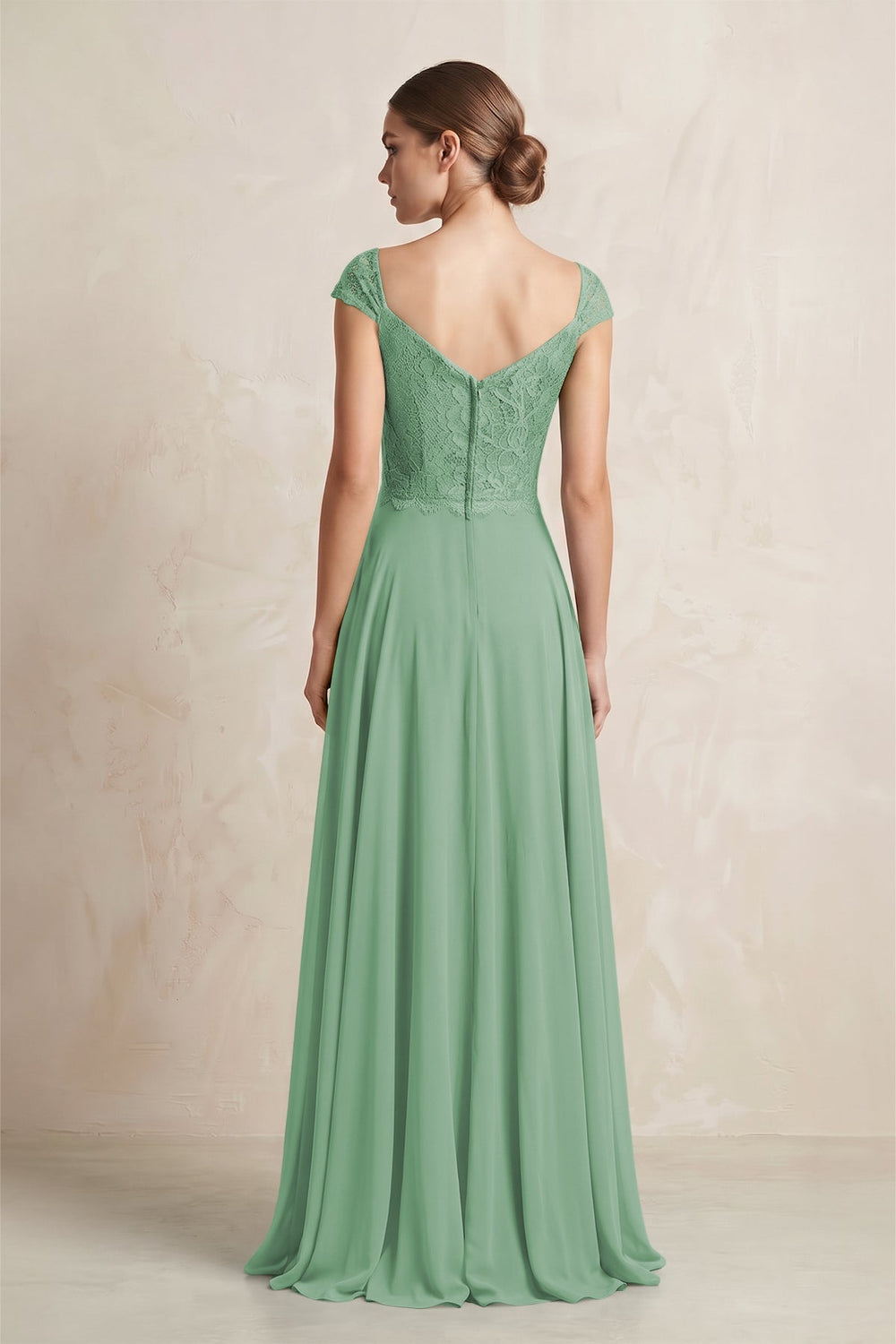 A - Line Chiffon V - Neck Pleated Bridesmaid Dress with Cap Sleeves in Sea Glass - KISS BRIDAL Bridesmaid Dresses