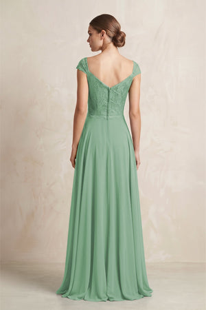 A - Line Chiffon V - Neck Pleated Bridesmaid Dress with Cap Sleeves in Sea Glass - KISS BRIDAL Bridesmaid Dresses
