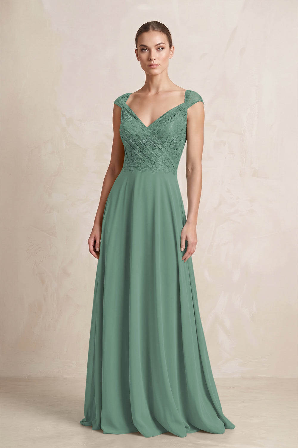 A-Line Chiffon V-Neck Pleated Bridesmaid Dress with Cap Sleeves in Sea Glass
