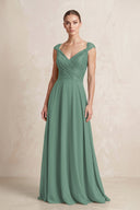 A-Line Chiffon V-Neck Pleated Bridesmaid Dress with Cap Sleeves in Sea Glass | KISSBRIDAL