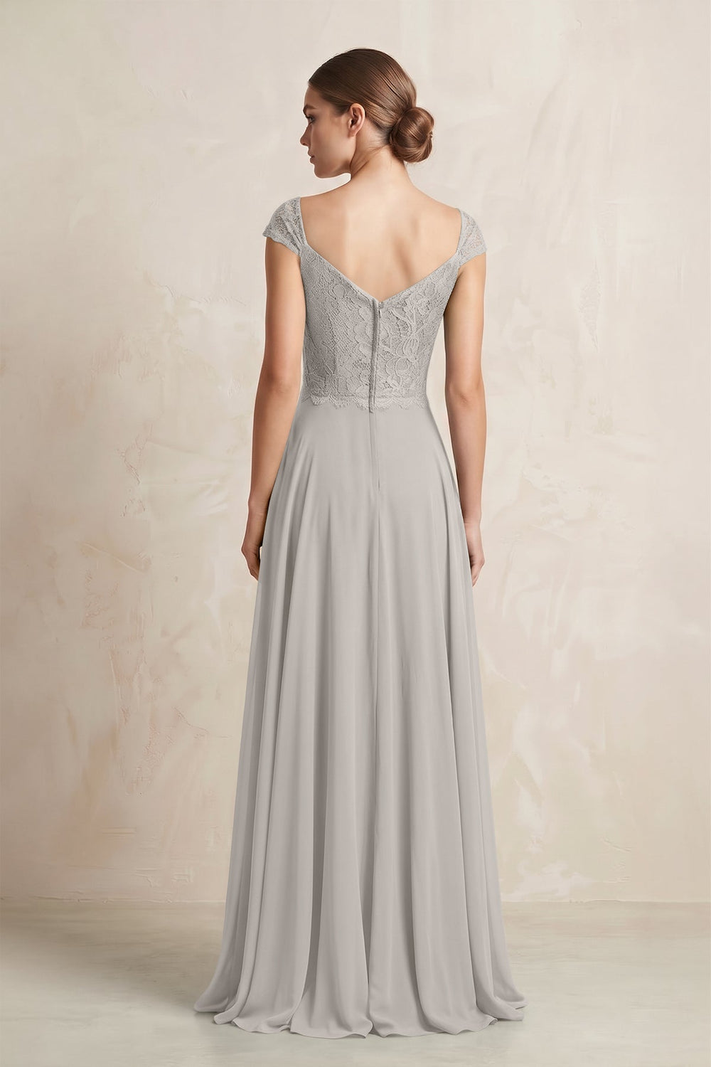 A - Line Chiffon V - Neck Pleated Bridesmaid Dress with Cap Sleeves in Silver - KISS BRIDAL Bridesmaid Dresses