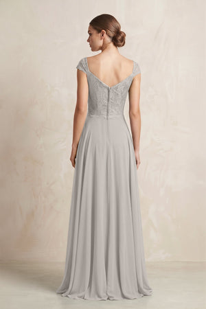 A - Line Chiffon V - Neck Pleated Bridesmaid Dress with Cap Sleeves in Silver - KISS BRIDAL Bridesmaid Dresses