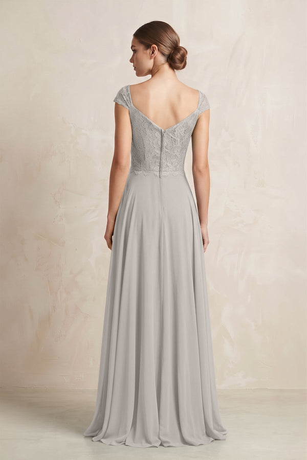 A - Line Chiffon V - Neck Pleated Bridesmaid Dress with Cap Sleeves in Silver - KISS BRIDAL Bridesmaid Dresses