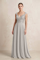 A - Line Chiffon V - Neck Pleated Bridesmaid Dress with Cap Sleeves in Silver - KISS BRIDAL Bridesmaid Dresses