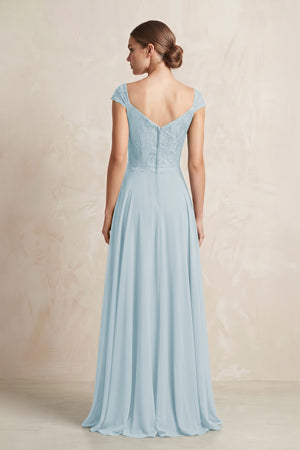 A-Line Chiffon V-Neck Pleated Bridesmaid Dress with Cap Sleeves in Sky Blue (2) | KISSBRIDAL