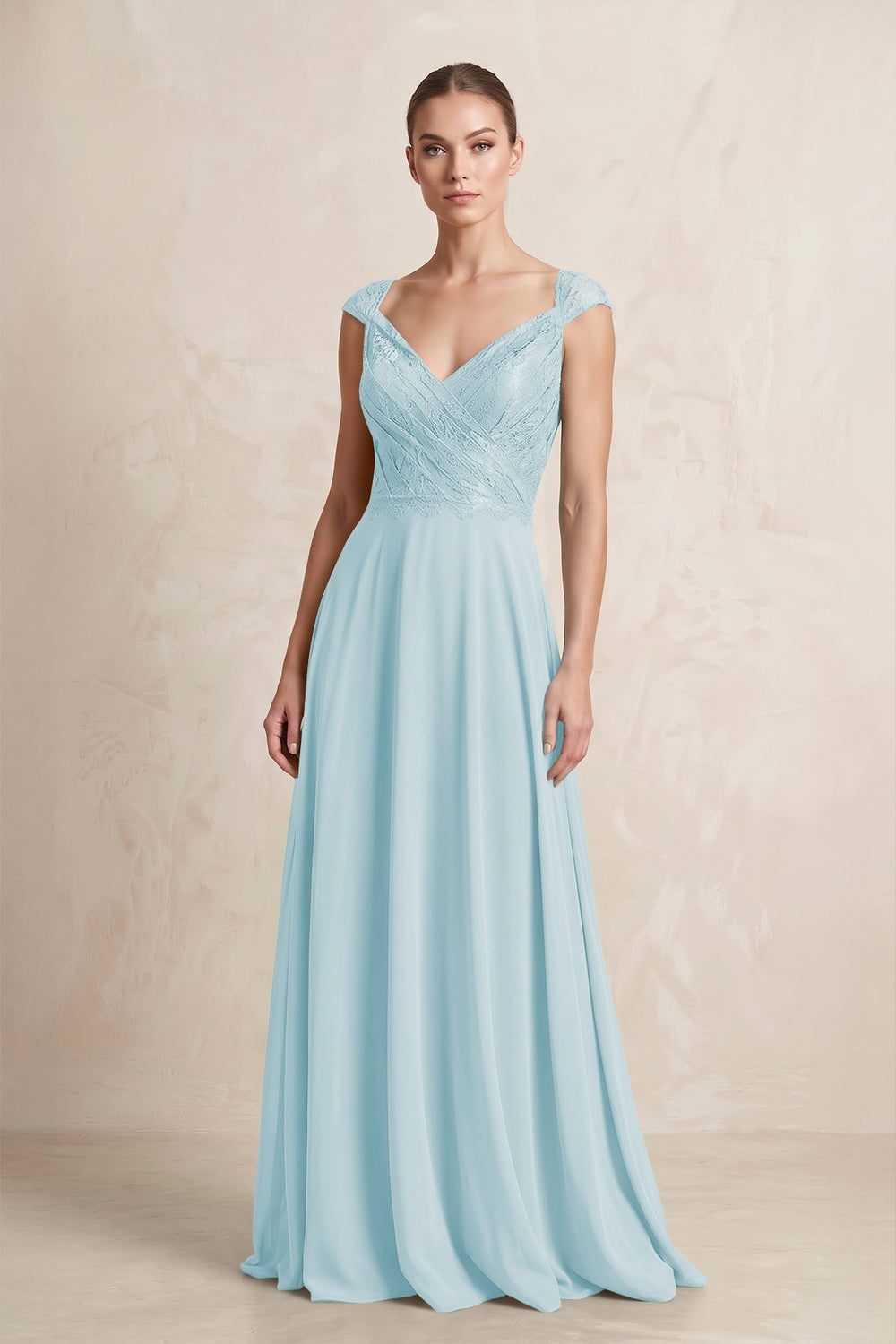 A - Line Chiffon V - Neck Pleated Bridesmaid Dress with Cap Sleeves in Sky Blue - KISS BRIDAL Bridesmaid Dresses