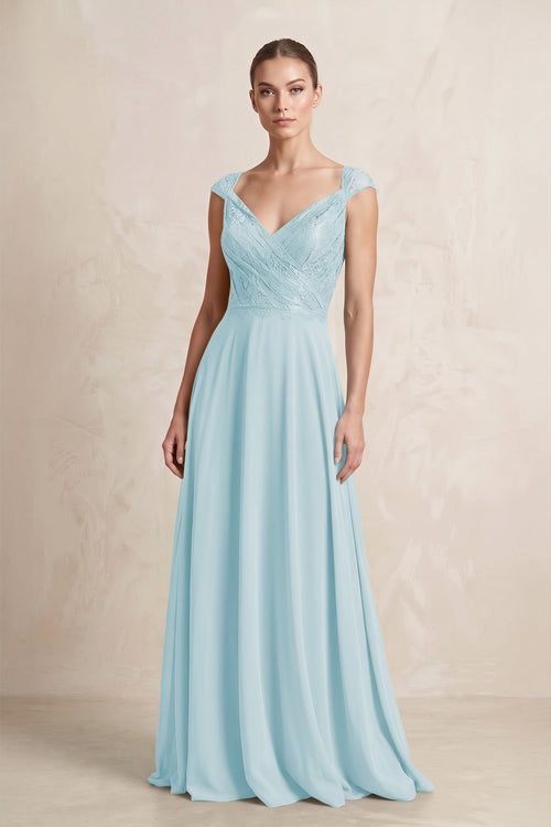 A - Line Chiffon V - Neck Pleated Bridesmaid Dress with Cap Sleeves in Sky Blue - KISS BRIDAL Bridesmaid Dresses