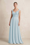 A-Line Chiffon V-Neck Pleated Bridesmaid Dress with Cap Sleeves in Sky Blue | KISSBRIDAL