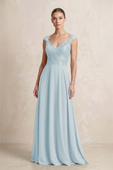 A-Line Chiffon V-Neck Pleated Bridesmaid Dress with Cap Sleeves in Sky Blue | KISSBRIDAL