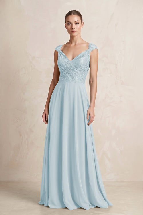 A-Line Chiffon V-Neck Pleated Bridesmaid Dress with Cap Sleeves in Sky Blue | KISSBRIDAL