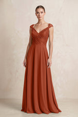 A - Line Chiffon V - Neck Pleated Bridesmaid Dress with Cap Sleeves in Spice - KISS BRIDAL Bridesmaid Dresses