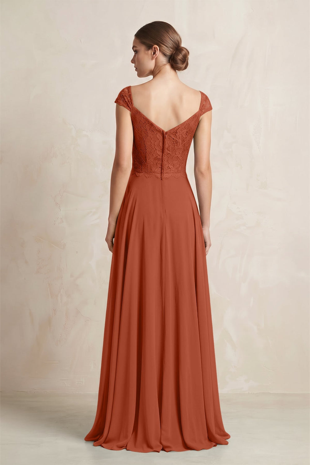 A - Line Chiffon V - Neck Pleated Bridesmaid Dress with Cap Sleeves in Spice - KISS BRIDAL Bridesmaid Dresses