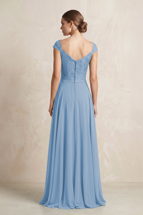 A-Line Chiffon V-Neck Pleated Bridesmaid Dress with Cap Sleeves in Steel Blue (2) | KISSBRIDAL
