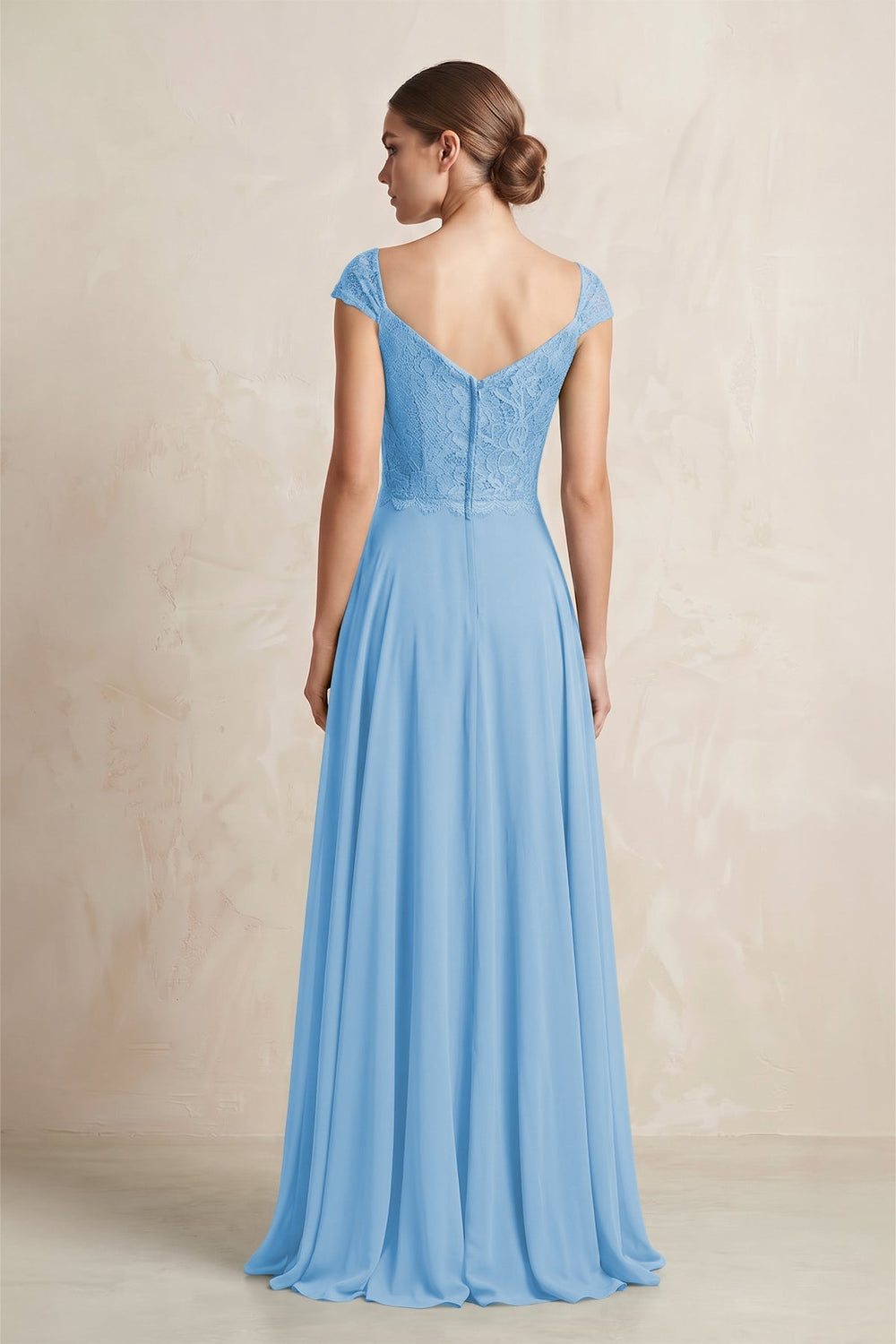 A - Line Chiffon V - Neck Pleated Bridesmaid Dress with Cap Sleeves in Steel Blue - KISS BRIDAL Bridesmaid Dresses