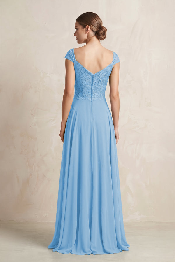 A - Line Chiffon V - Neck Pleated Bridesmaid Dress with Cap Sleeves in Steel Blue - KISS BRIDAL Bridesmaid Dresses