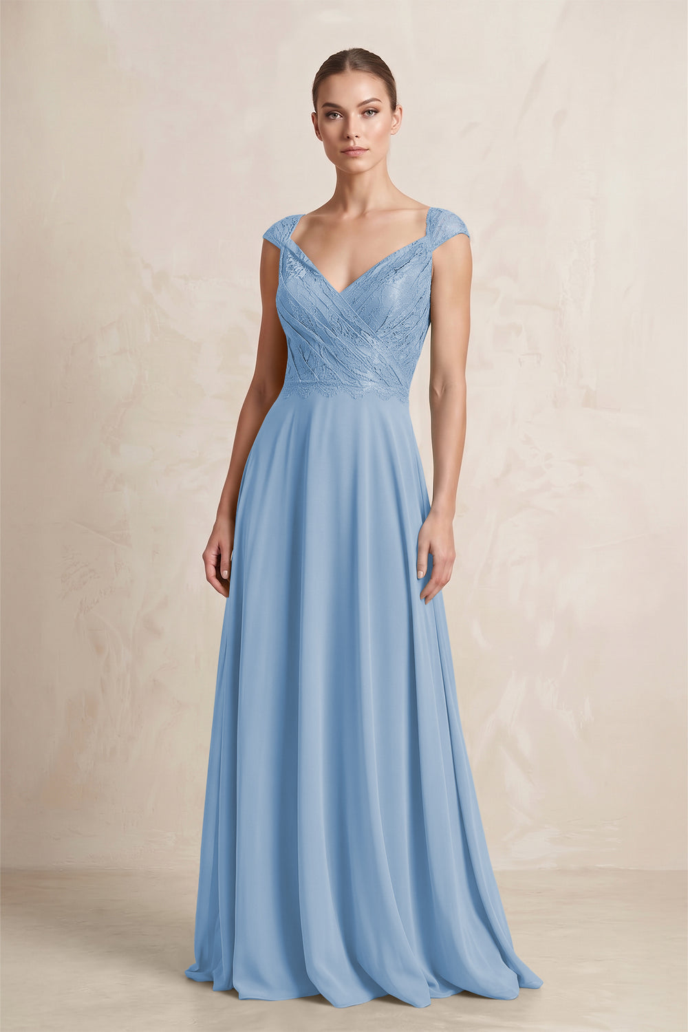 A-Line Chiffon V-Neck Pleated Bridesmaid Dress with Cap Sleeves in Steel Blue