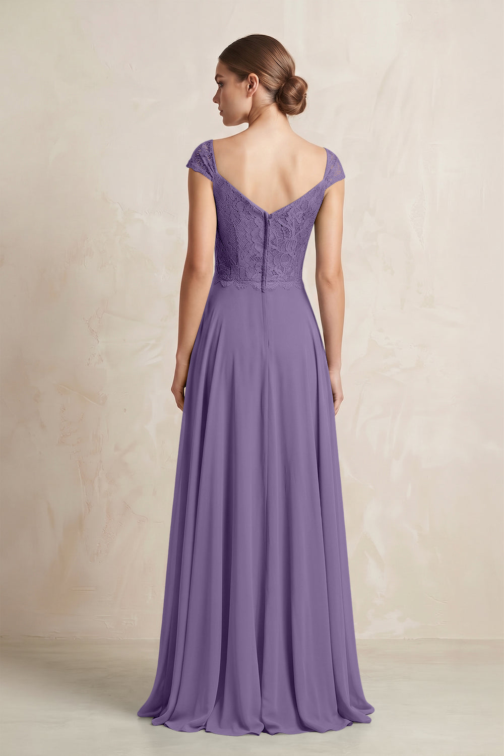 A-Line Chiffon V-Neck Pleated Bridesmaid Dress with Cap Sleeves in Tahiti
