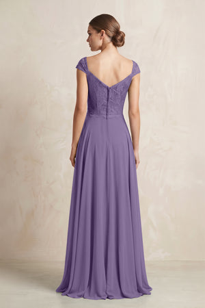 A-Line Chiffon V-Neck Pleated Bridesmaid Dress with Cap Sleeves in Tahiti (2) | KISSBRIDAL
