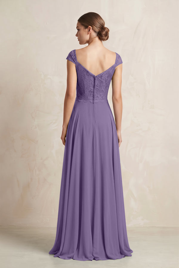 A-Line Chiffon V-Neck Pleated Bridesmaid Dress with Cap Sleeves in Tahiti (2) | KISSBRIDAL