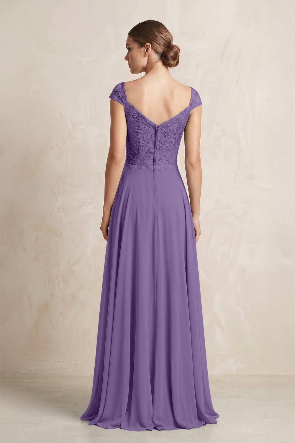 A - Line Chiffon V - Neck Pleated Bridesmaid Dress with Cap Sleeves in Tahiti - KISS BRIDAL Bridesmaid Dresses