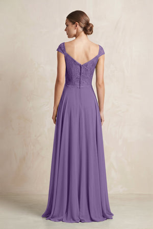A - Line Chiffon V - Neck Pleated Bridesmaid Dress with Cap Sleeves in Tahiti - KISS BRIDAL Bridesmaid Dresses